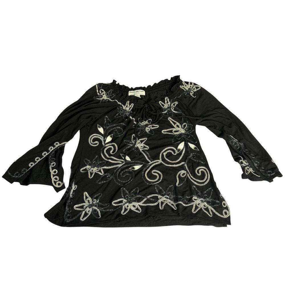 Lauren Michelle Petite sz PXL Embroidered Appliqué Long Sleeve Top Black Silver